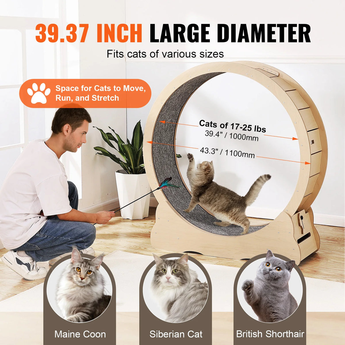 SucceBuy Wooden Cat Exercise Wheel Large Cat Treadmill Wheel for Indoor Cats Cat Running Wheel with Detachable Carpet&Cat Teaser