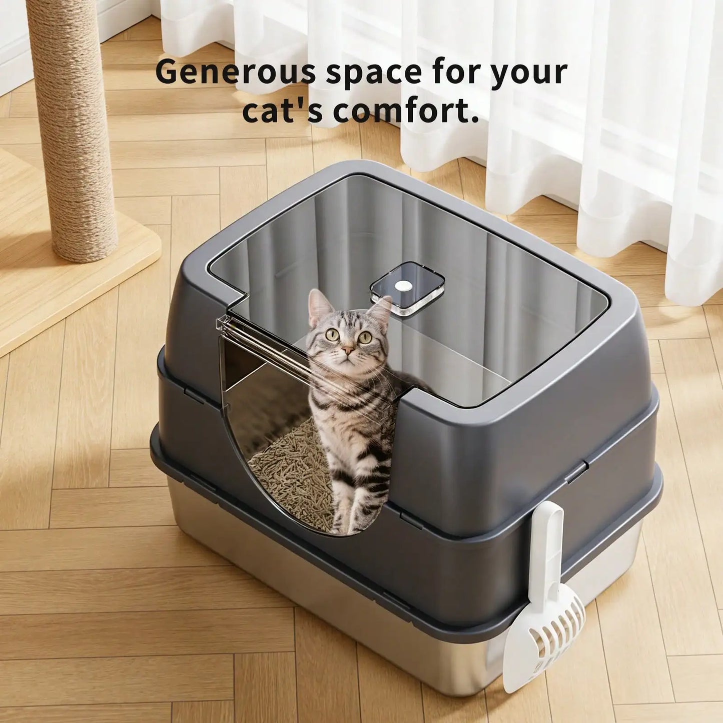 Extra Large Stainless Steel Litter Box With Lid, High Sided Enclosed Metal Cat Litter Pan, Dog Proof Front Entry Top Exit, Odor Control Easy Clean Leak Proof, Includes Mat, Scoop & Step