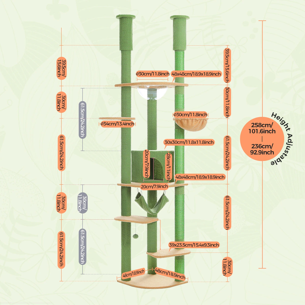 Multi-Level Tall Cat Tree for Indoor Cats Floor to Ceiling Cat Tower with Scratching Posts Cozy Condo Hammock Cat Accessories