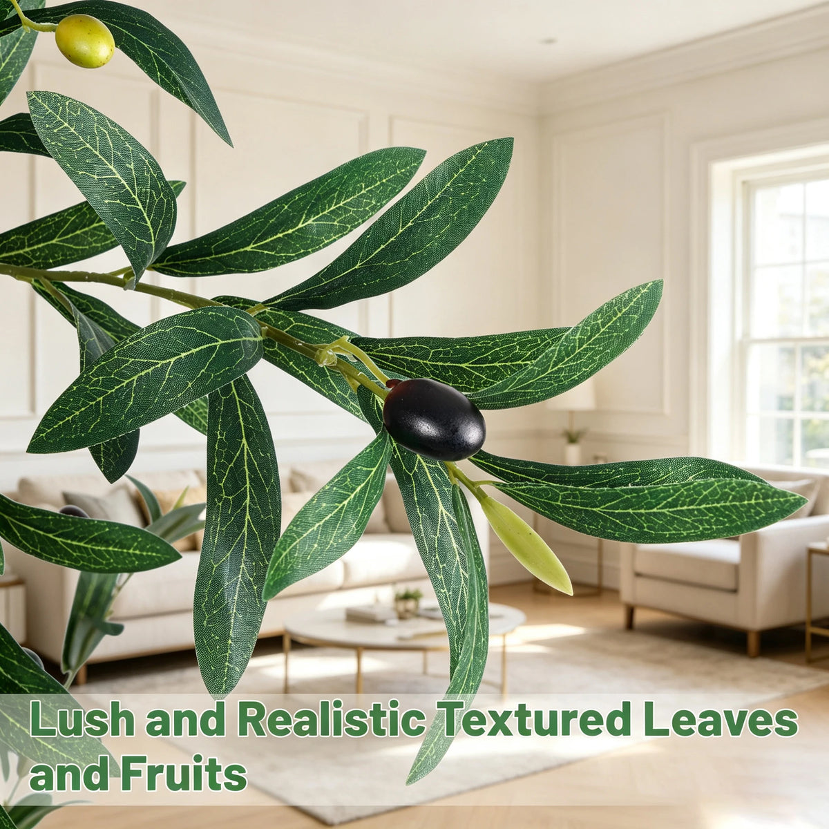 1.5/1.8/2.1m Artificial Olive Tree PE Real Touch Faux Olive Tree with Black Pot Outdoor Indoor Artificial Plants with Natural Wood Trunk and Lifelike Fruits for Home Office Decor