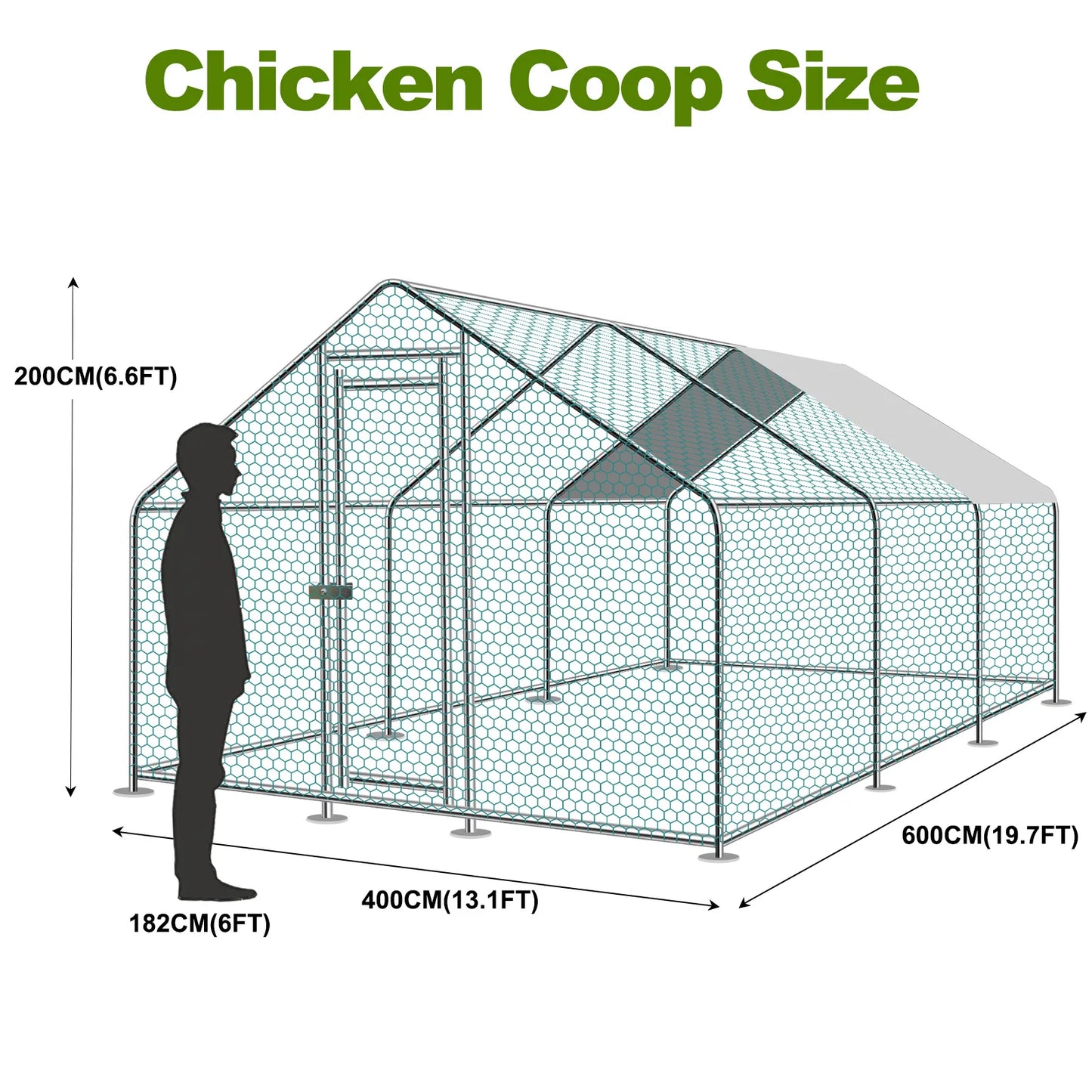 10/13/20ft Large Metal Chicken Coop Walk-In Run with Peaked Roof, Outdoor Poultry Cage Hen House for Farm Backyard