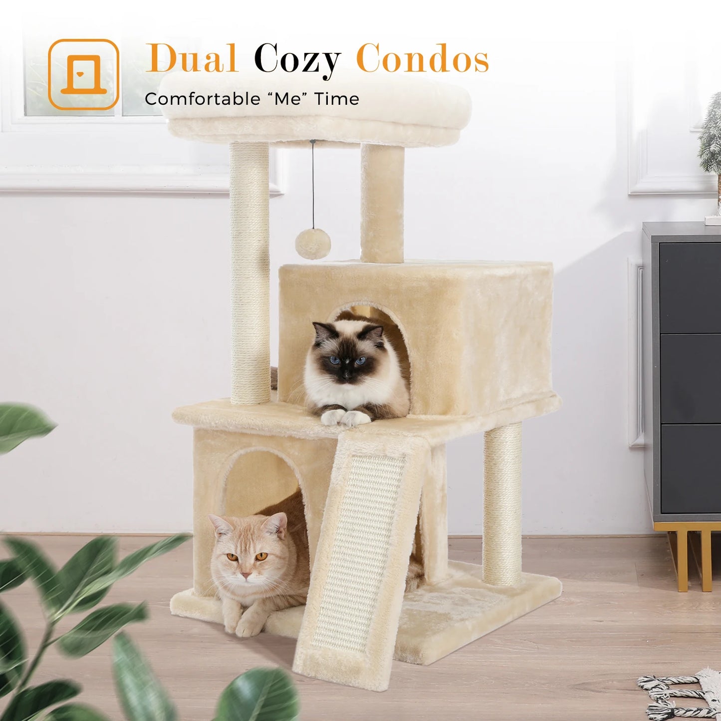 Cat Tree Multilevel Cat Tower with Double Condos, Spacious Perch, Fully Wrapped Scratching Sisal Post and Replaceable Balls