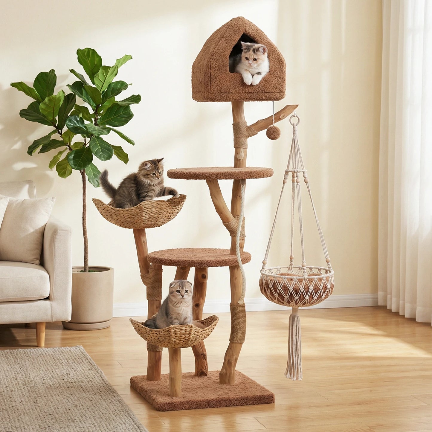 Modern Cat Tree with Solid Wood Scratching Posts Swing Hammock Large Cat Condo Wood Tall Cat Tower for Indoor with 2 Woven Basket Boho Luxury Pet Furniture Cat Toys