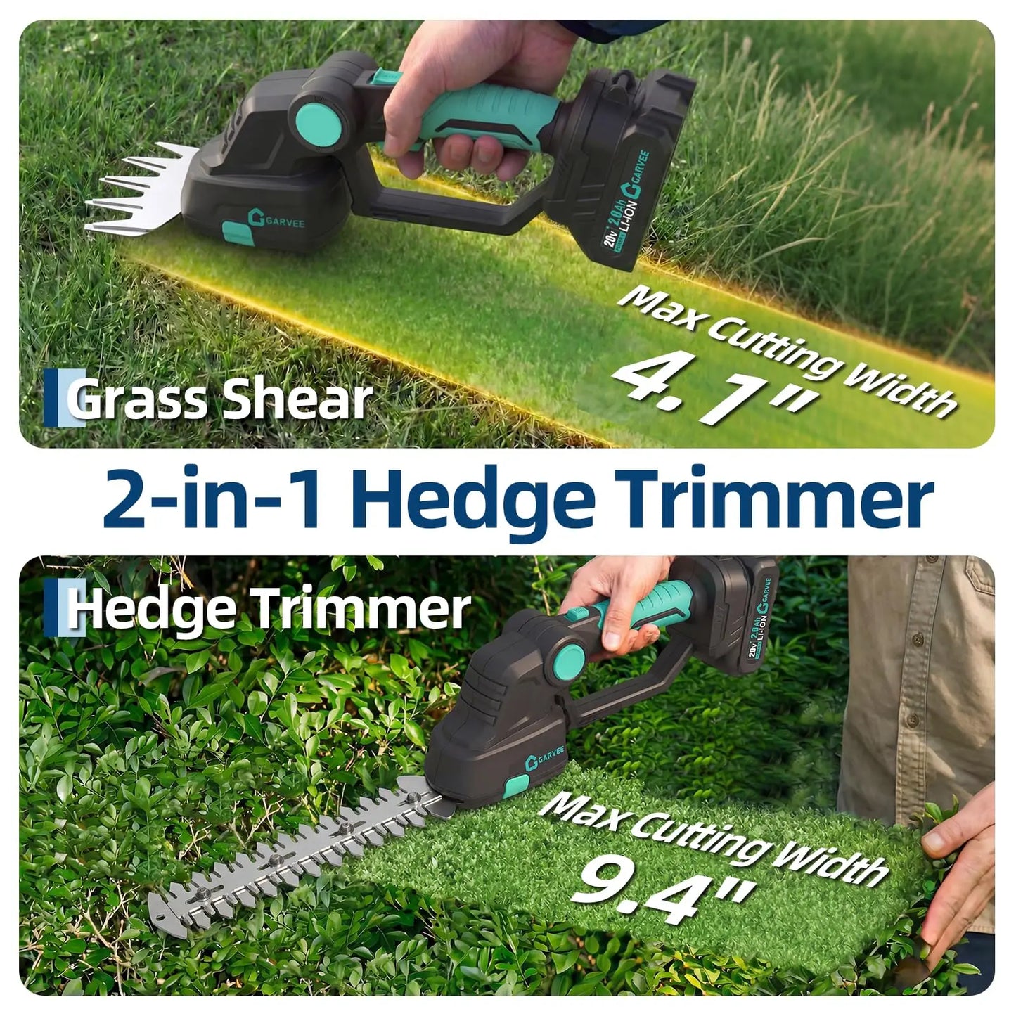 2-in-1 Cordless Grass Shear Hedge Trimmer, Electric Handheld Grass Cutter, 2x 2.0Ah Batteries, Adjustable Head, USB-C Charging