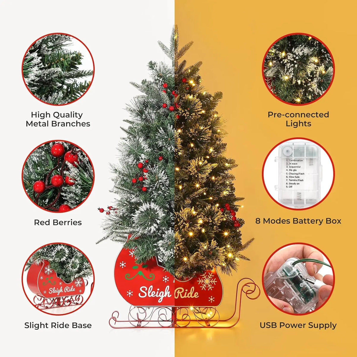 3FT Christmas Tree With 78 Lights Pre-Lit Artificial Desktop Xmas Tree With 8 Mode Includes Red Berries & Sleigh Base