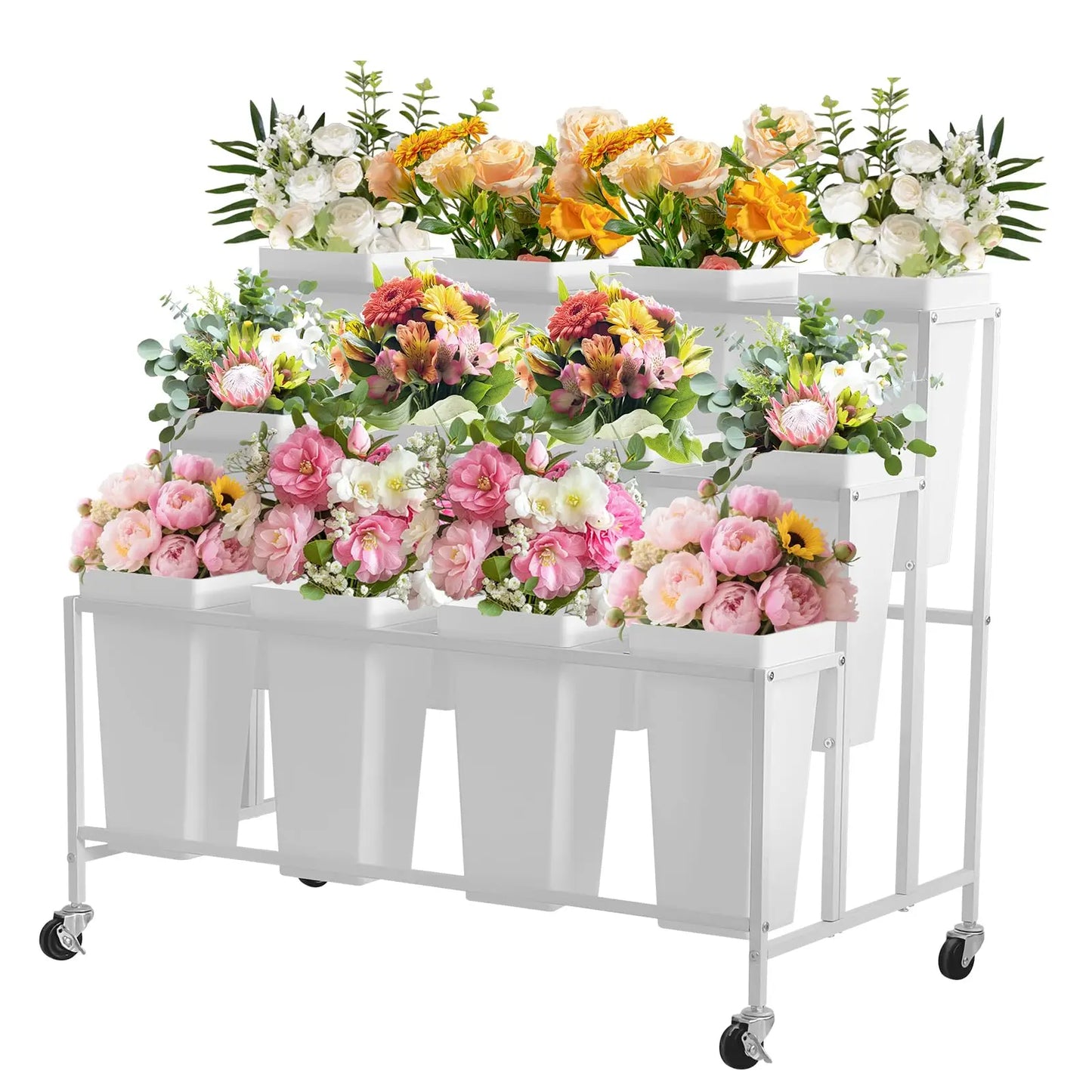 3 Tier Rolling Flower Display Stand With 12 Removable Buckets, Metal Plant Cart With Locking Wheels For Garden Wedding Flower Shop