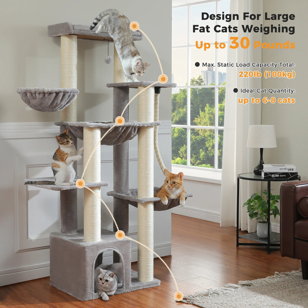 Large Cat Tree with 7 Thick Sisal Scratching Posts Big Hammocks Tall Cat Tower for Indoor Cats Large Adult with Spacious Condo