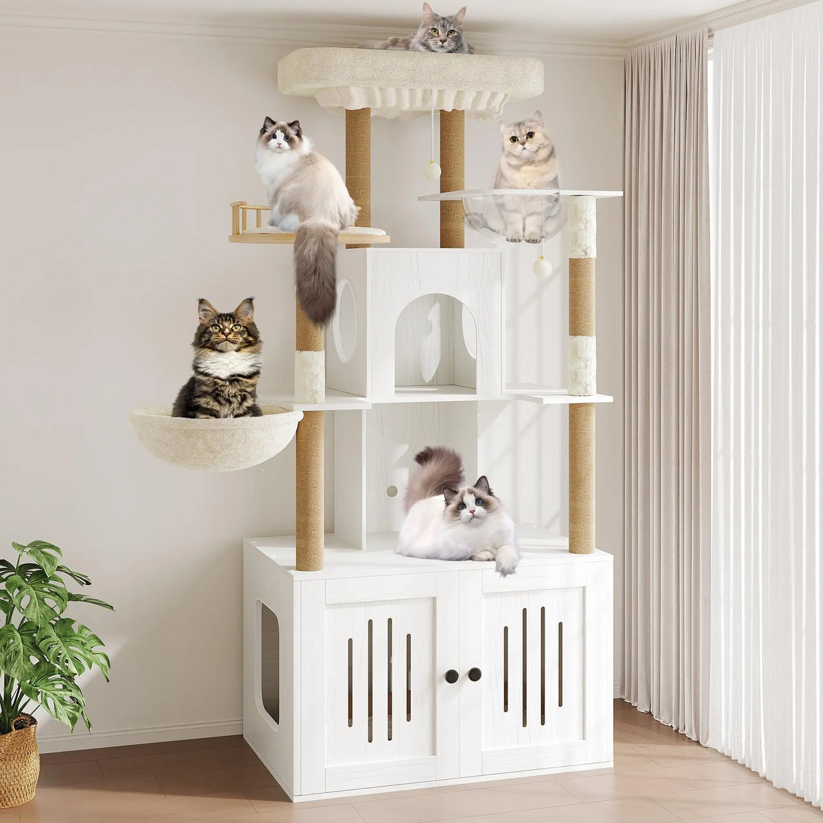 Cat Tree With Litter Box Enclosure Multi Level Cat Tower Hidden Litter Box Furniture Large Plush Top Perch Sisal Scratching Posts Cat Condo And Hammock For Indoor Cats Living Room