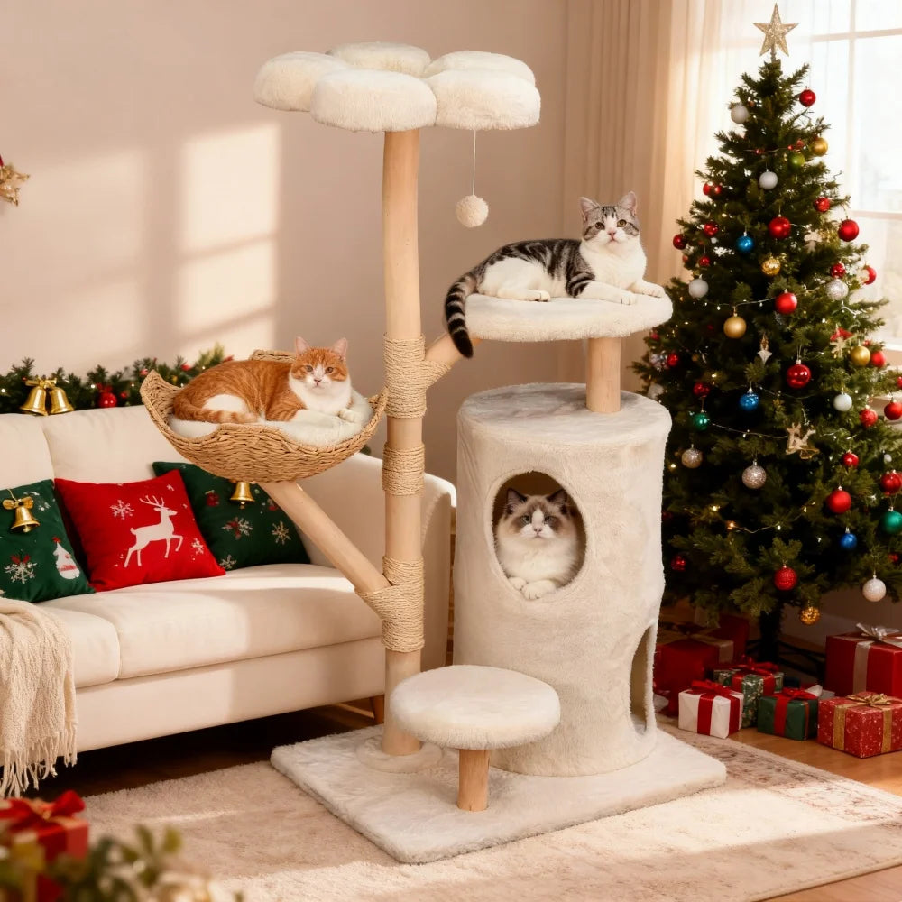 Large Cat Tree Tower Pet Cat Activity Center Scratching Post Cat Condo House Solid Wooden Cat Furniture