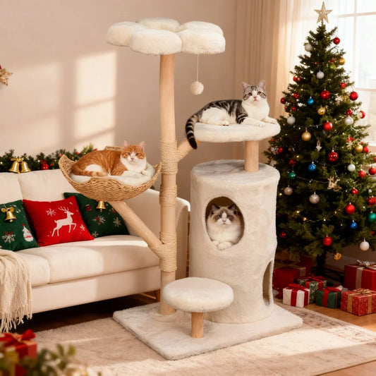 Large Cat Tree Tower Pet Cat Activity Center Scratching Post Cat Condo House Solid Wooden Cat Furniture
