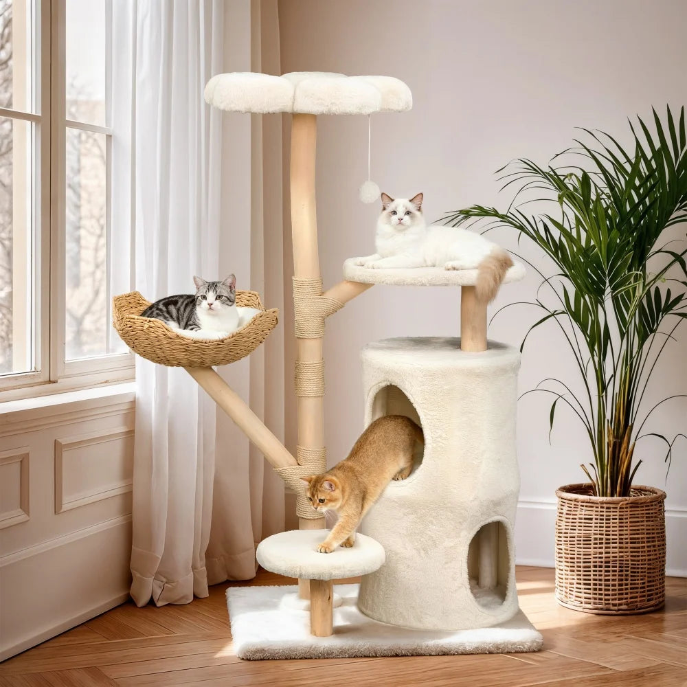 Large Cat Tree Tower Pet Cat Activity Center Scratching Post Cat Condo House Solid Wooden Cat Furniture