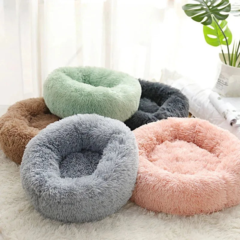 Soft Pet Cat Bed Pad Plush Warm Faux Fur Dog Calm Bed Donut Round Bed Comfortable Sleeping Washable for Small Medium Dog and Cat